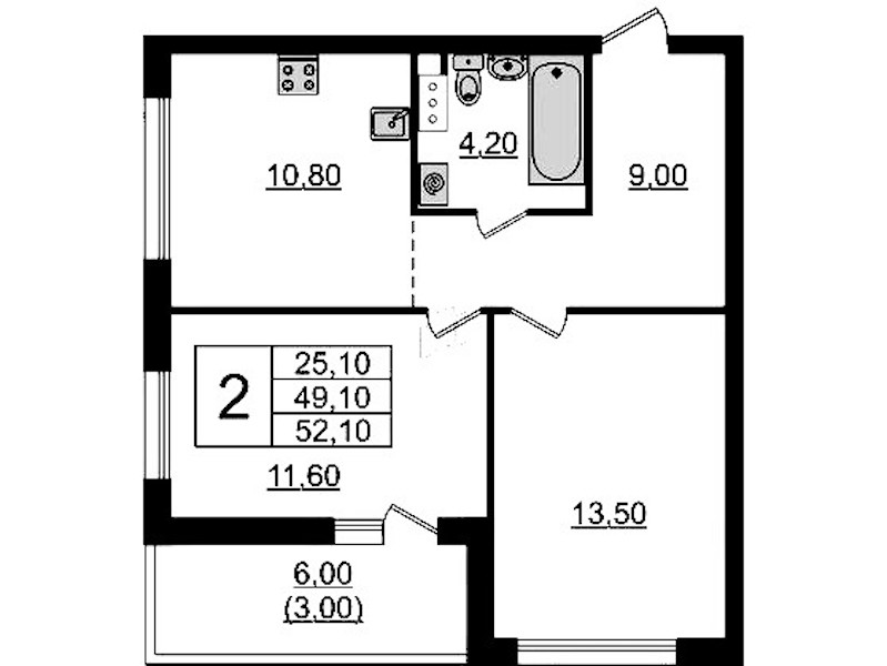 2-комнатная квартира 52.1 м², 3/9 эт., ЖК «А101 Лаголово»